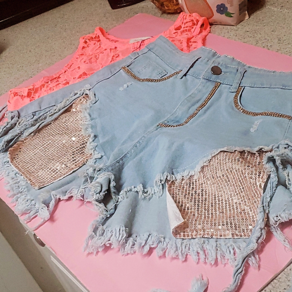Light Blue Distressed Denim Shorts with Sequin Accents